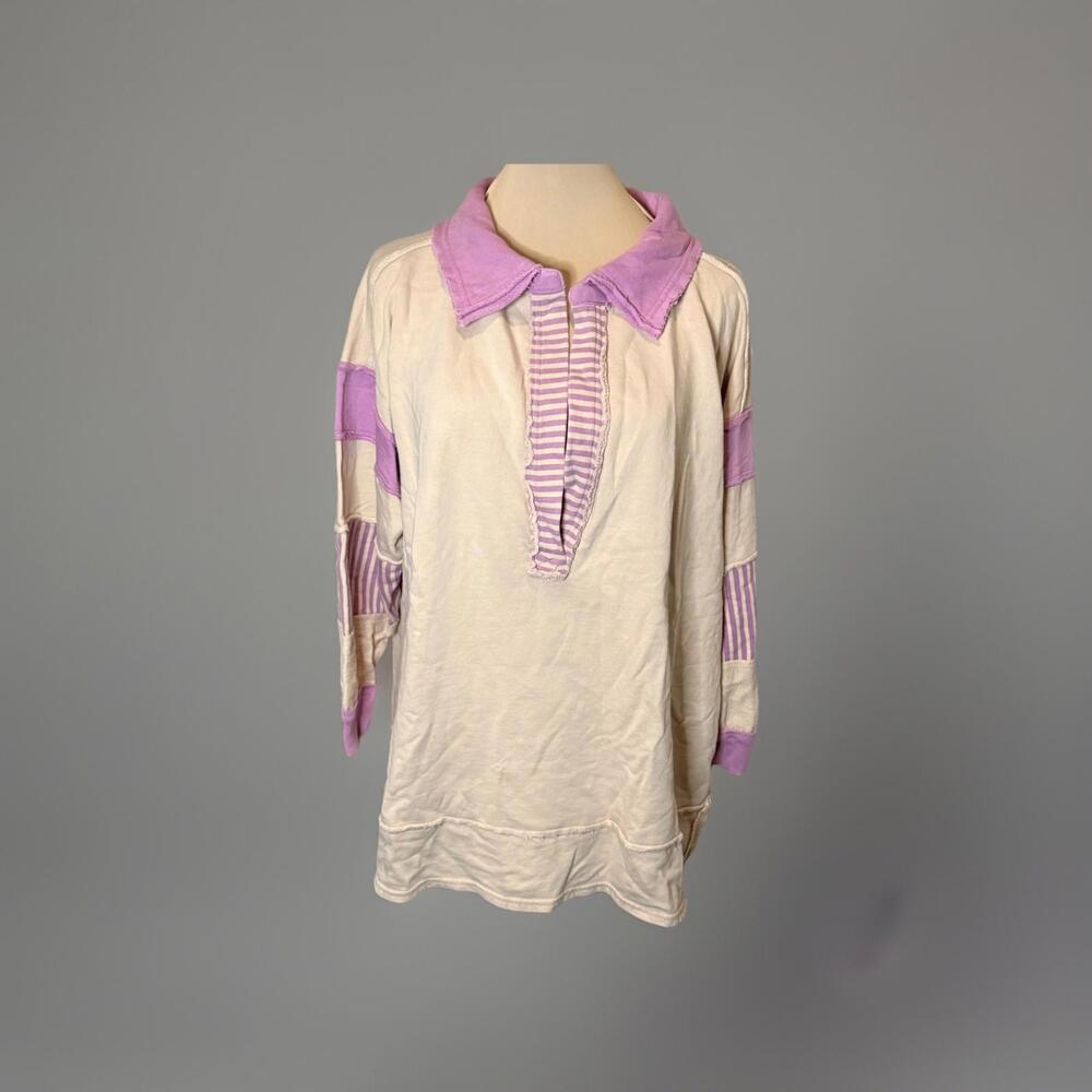 F P We The Free Lavender & Cream Striped Long Sleeve Polo Sweatshirt  Large $128